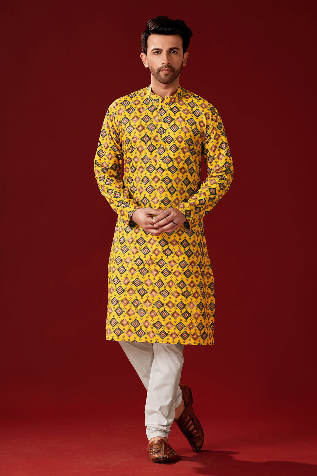 Men's Mustard Yellow Solid Cotton Kurta Pajama Set | Designer Printed