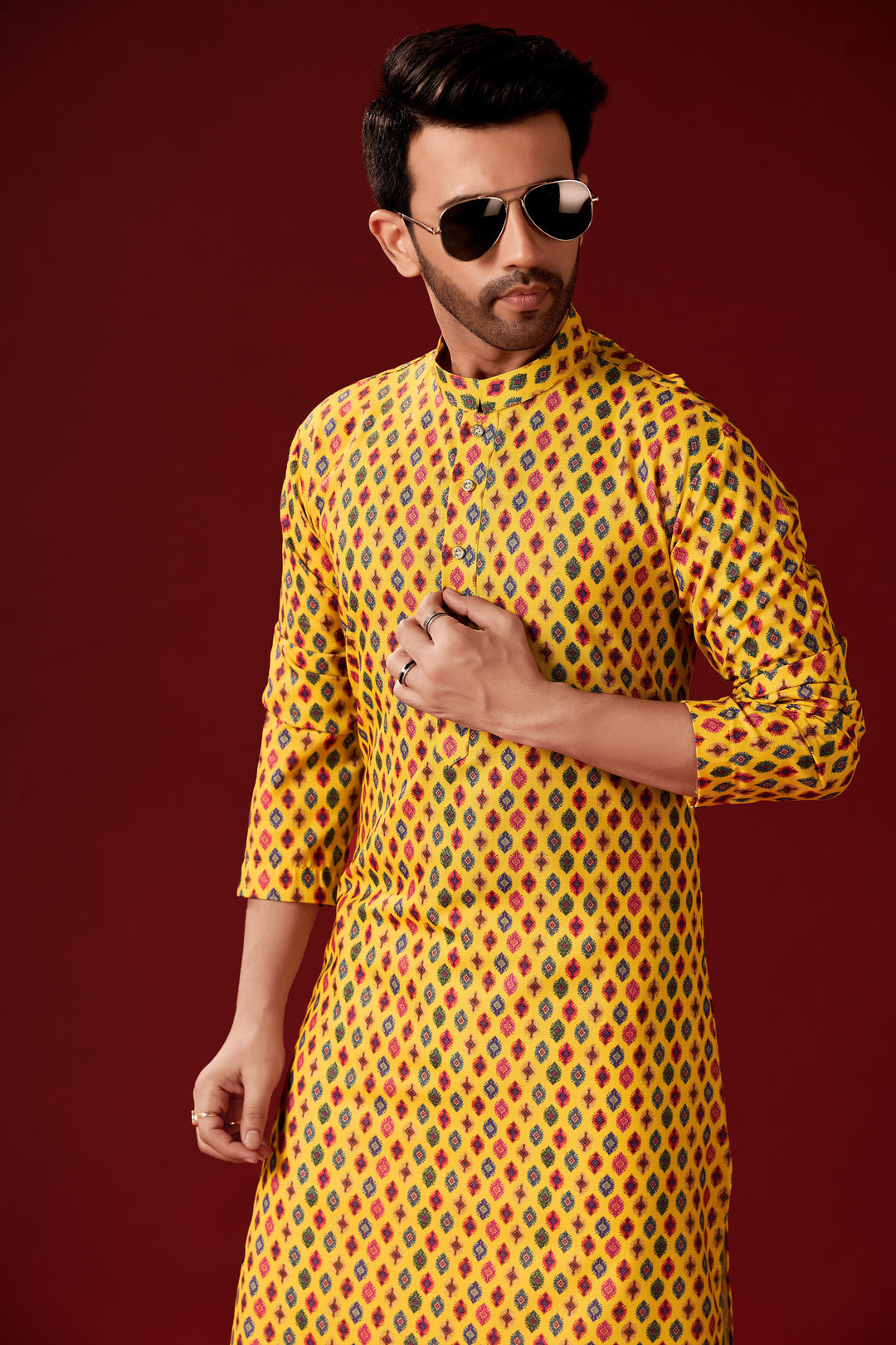 Mustard Yellow Cotton Kurta Pajama Set | Designer Printed Men's Wear