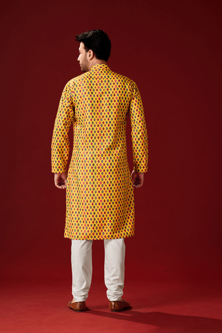 Mustard Yellow Cotton Kurta Pajama Set | Designer Printed Men's Wear