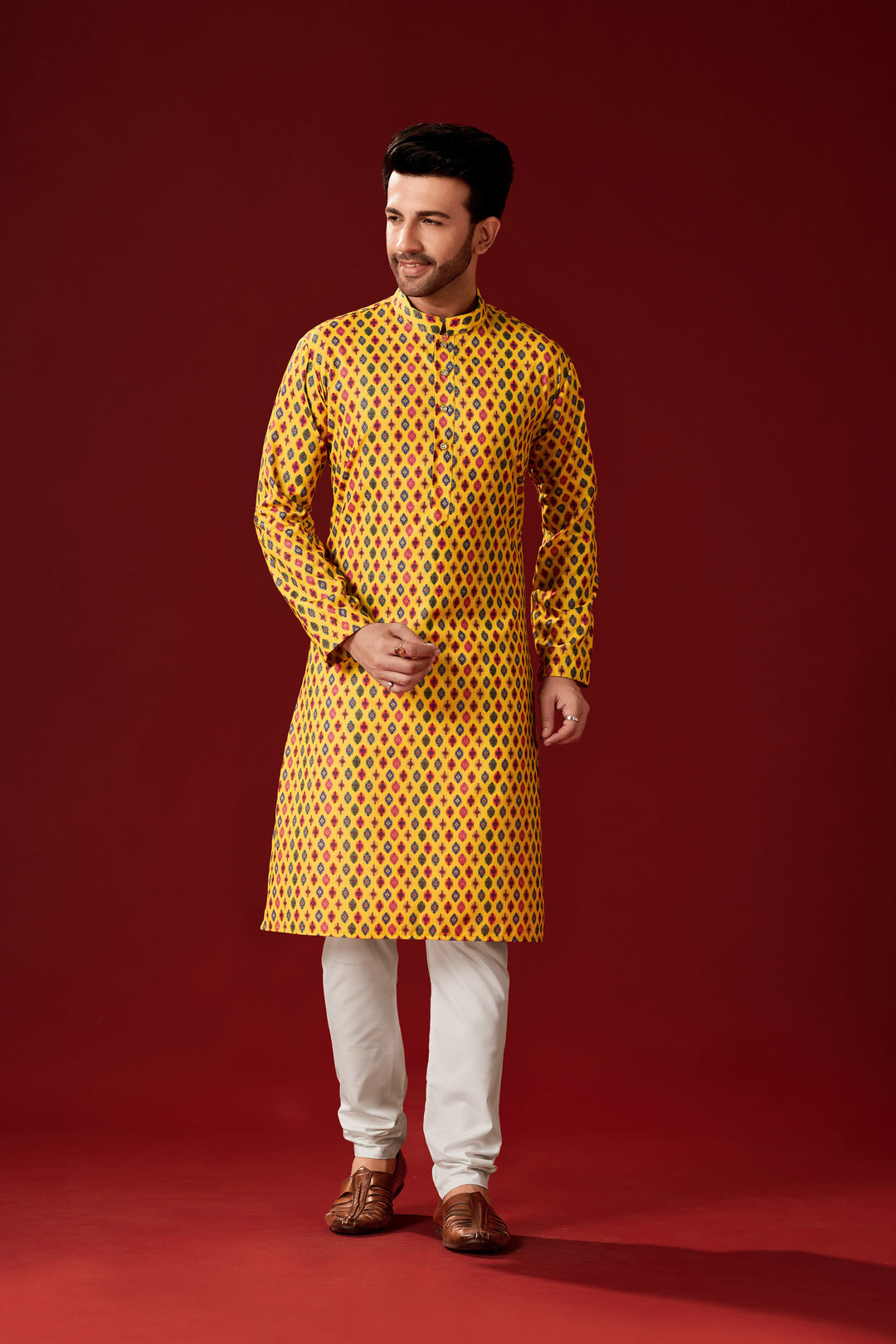 Mustard Yellow Cotton Kurta Pajama Set | Designer Printed Men's Wear