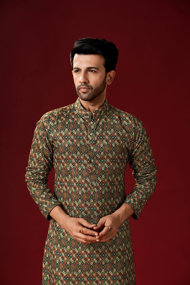 Multi-Color Designer Printed Cotton Kurta Pajama | Traditional Men's Wear