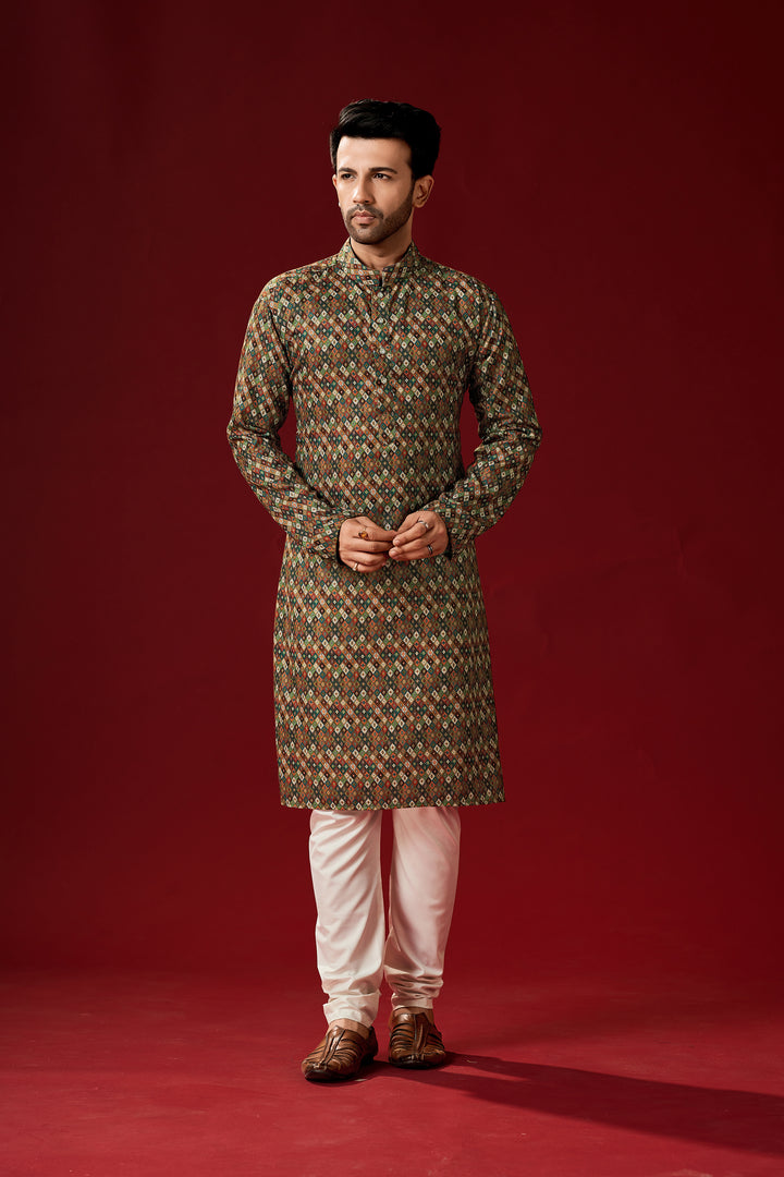 Multi-Color Designer Printed Cotton Kurta Pajama | Traditional Men's Wear