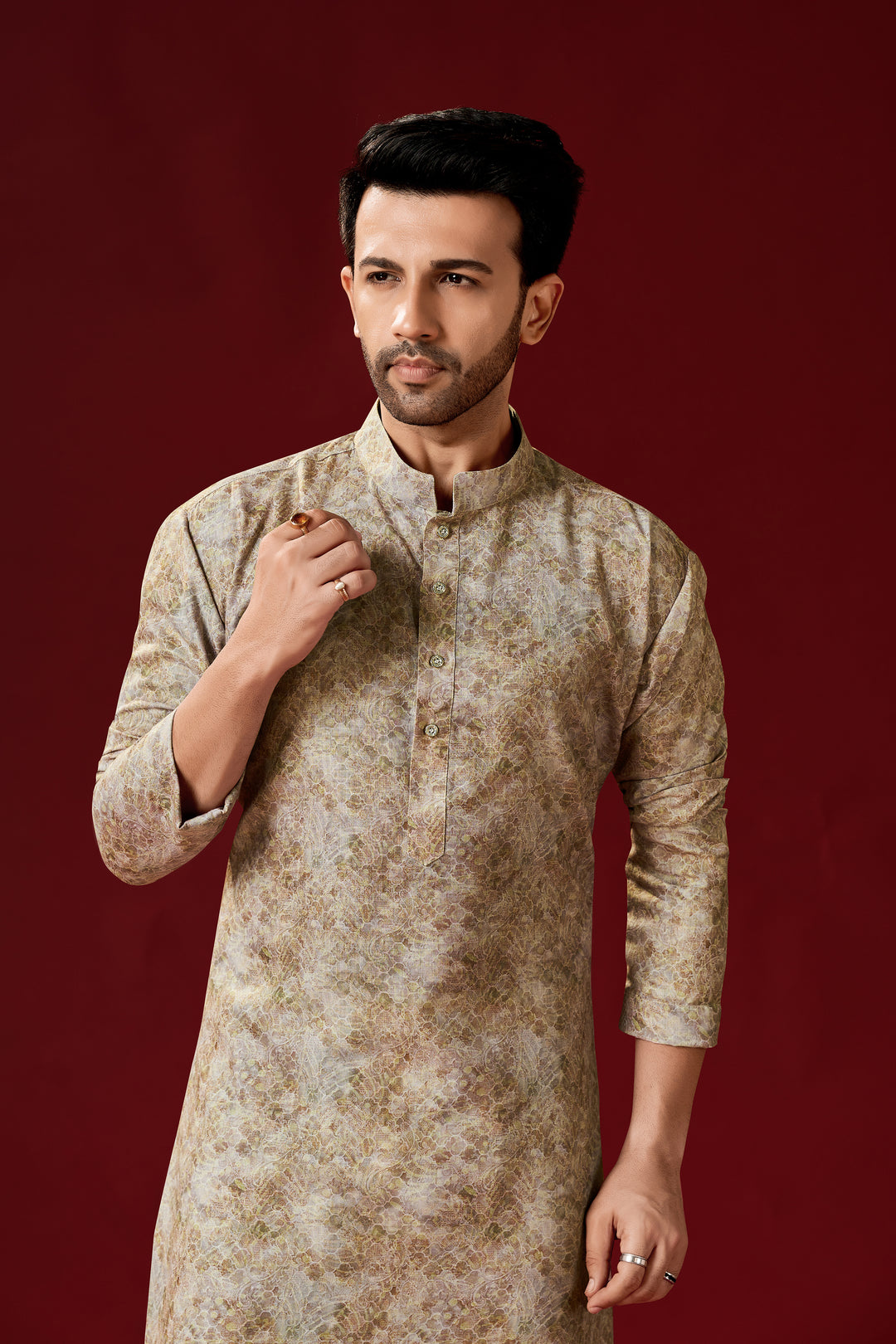 Beige Men's Cotton Kurta Pajama | Traditional Designer Printed Wear