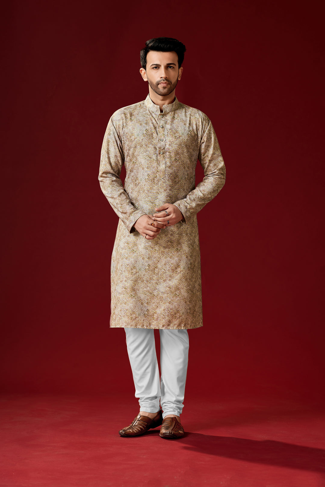 Beige Men's Cotton Kurta Pajama | Traditional Designer Printed Wear