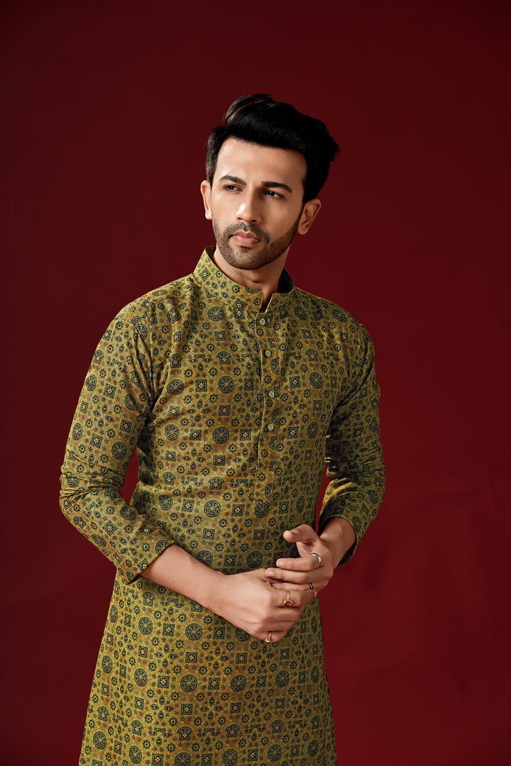 Olive Green Cotton Kurta Pajama Set | Designer Printed Men's Wear