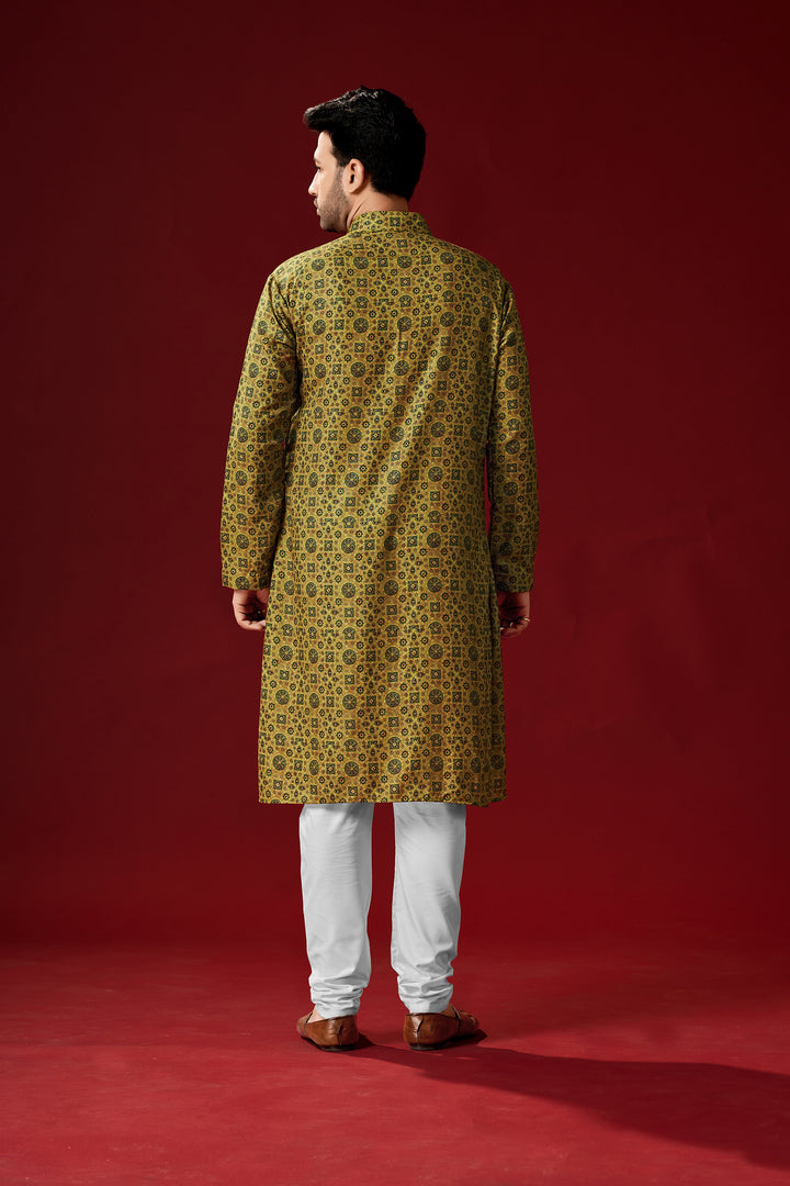 Olive Green Cotton Kurta Pajama Set | Designer Printed Men's Wear