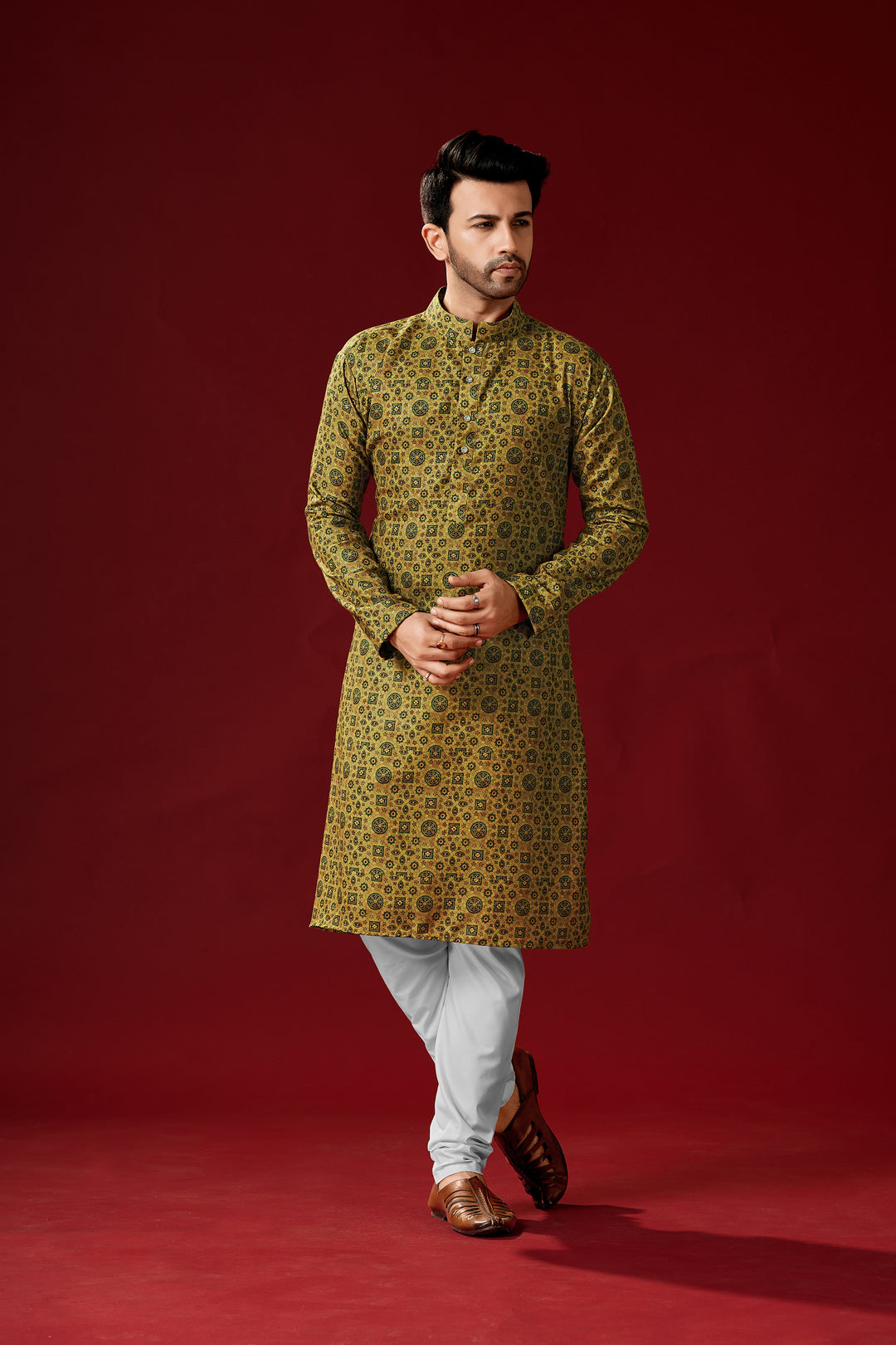 Olive Green Cotton Kurta Pajama Set | Designer Printed Men's Wear