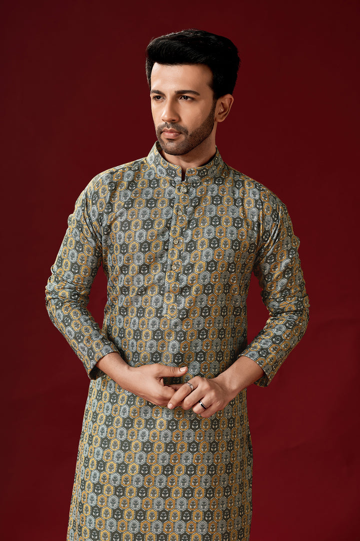 Grey Cotton Kurta Pajama Set | Designer Printed Men's Festive Wear