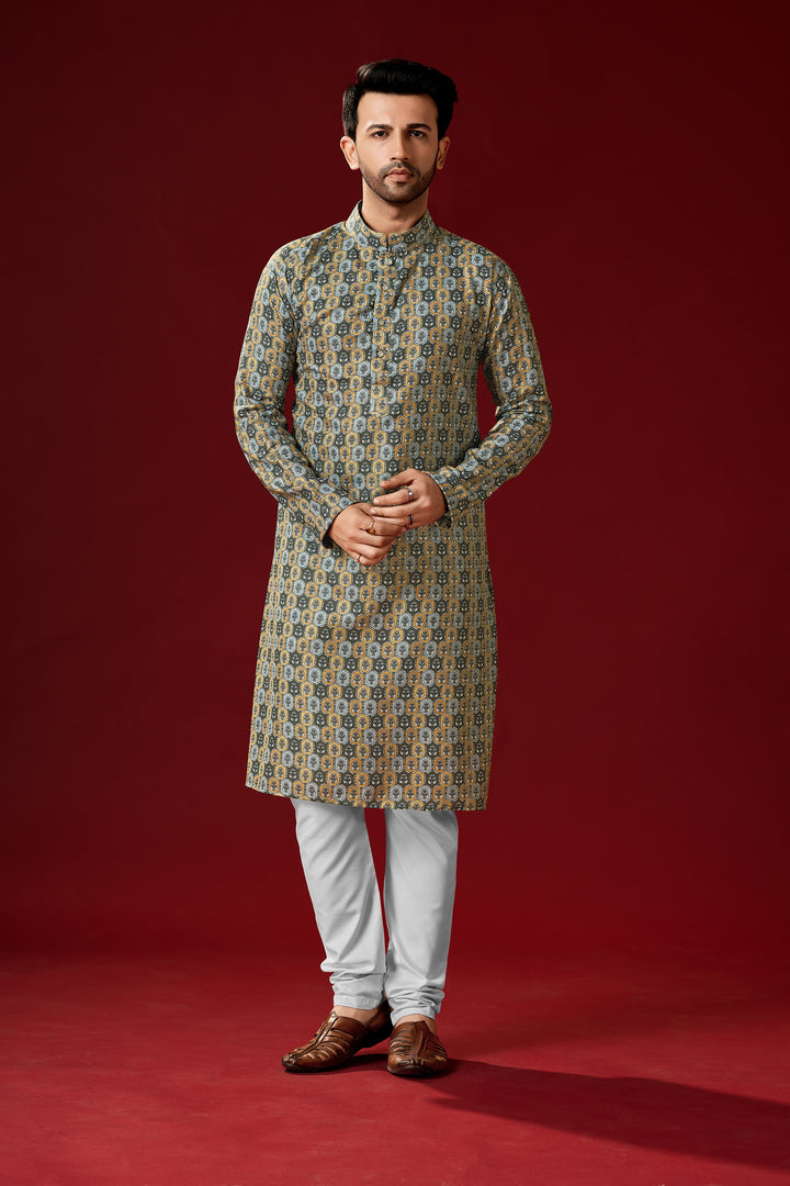 Grey Cotton Kurta Pajama Set | Designer Printed Men's Festive Wear