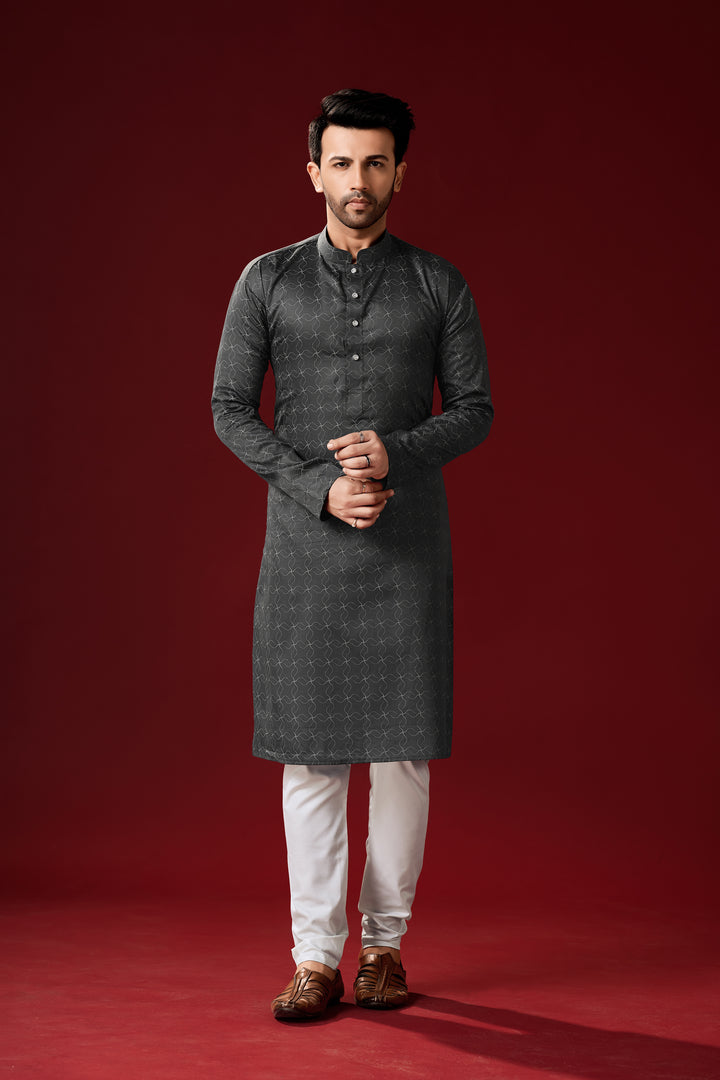 Stylish Grey Kurta Pajama Set for Men | Designer Printed Cotton Set