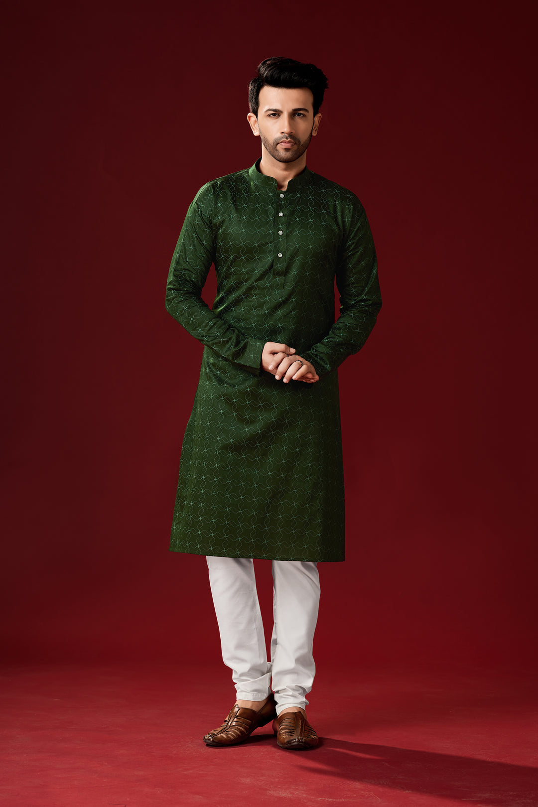 Dark Green Cotton Kurta Pajama Set | Traditional Men's Wear