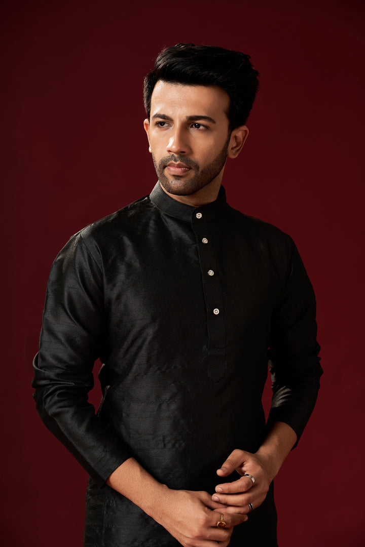 Stylish Black Men's Kurta Pajama Set | Premium Silk Fabric