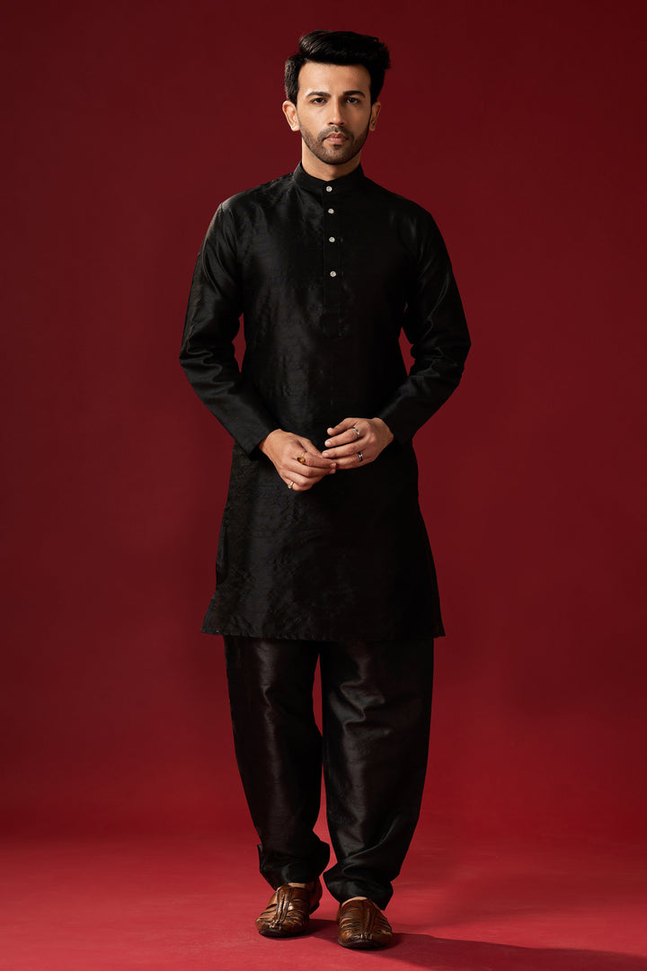 Stylish Black Men's Kurta Pajama Set | Premium Silk Fabric