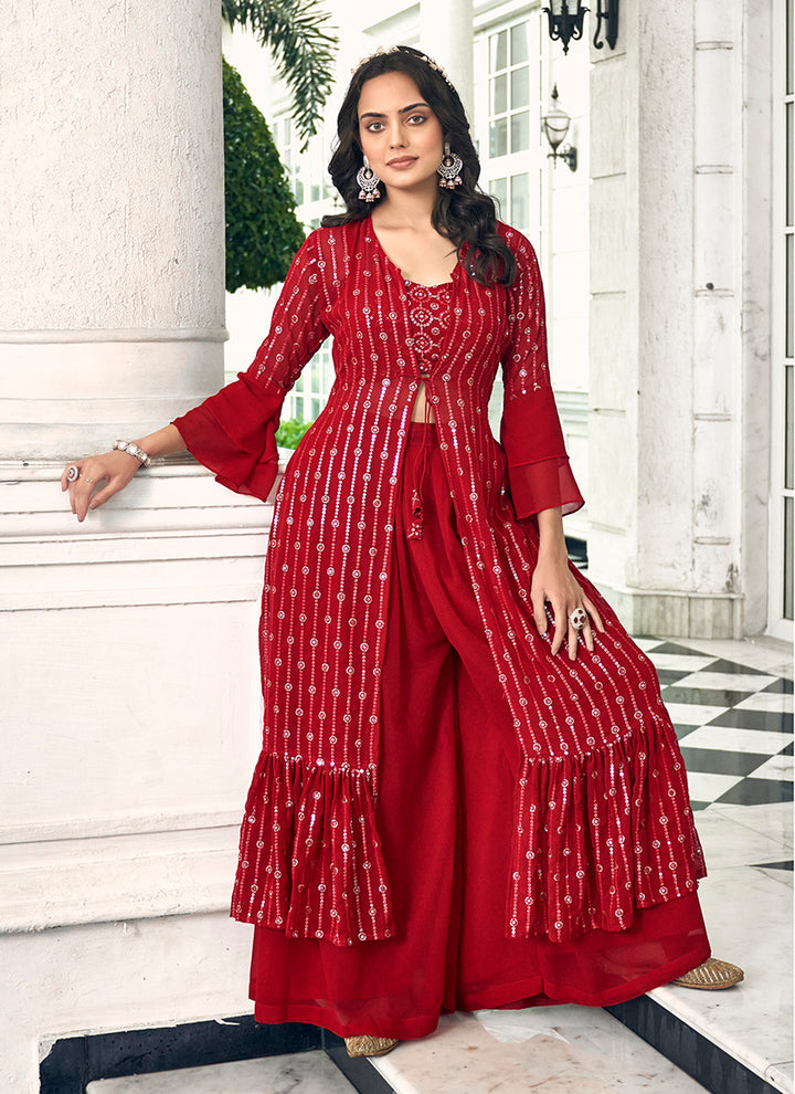 Designer Palazzo Set | Faux-Georgette | Three-Quarter Sleeve | Party Wear