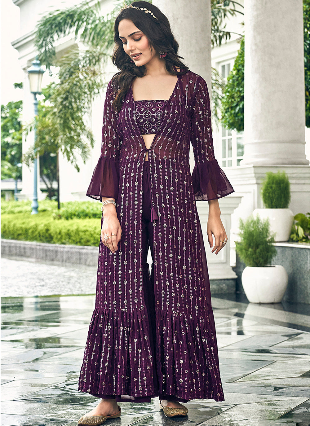 Designer Palazzo Set | Faux-Georgette | Three-Quarter Sleeve | Party Wear