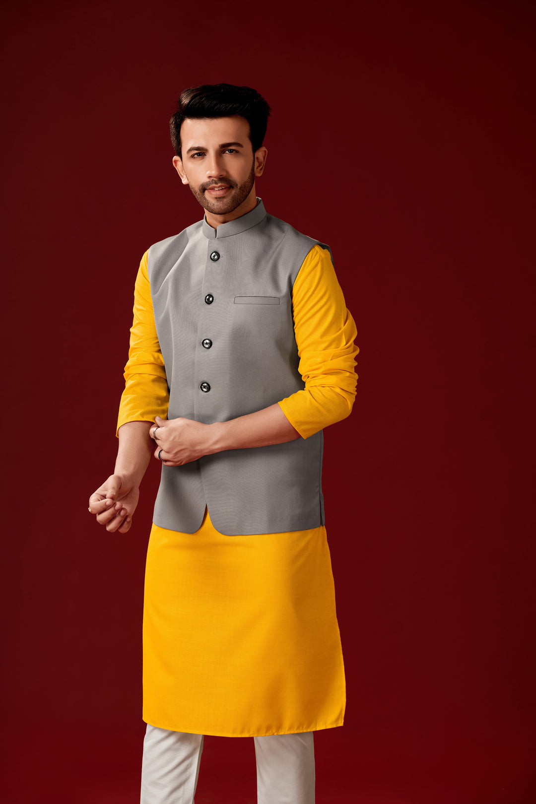 Traditional Mustard Yellow Cotton Kurta Pajama | Designer Waist Koti Set