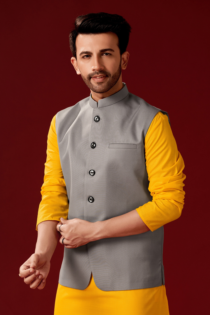 Traditional Mustard Yellow Cotton Kurta Pajama | Designer Waist Koti Set