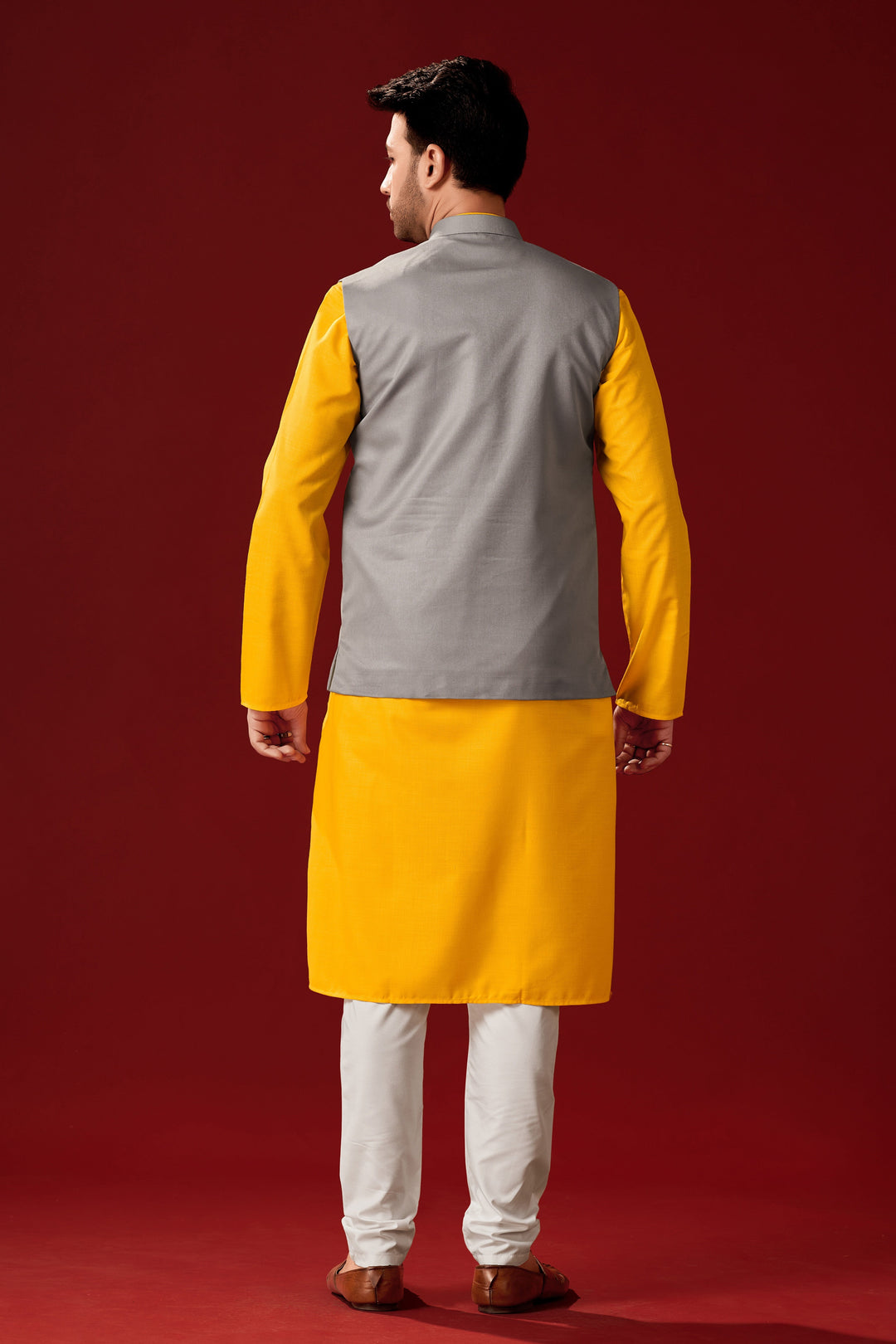 Traditional Mustard Yellow Cotton Kurta Pajama | Designer Waist Koti Set