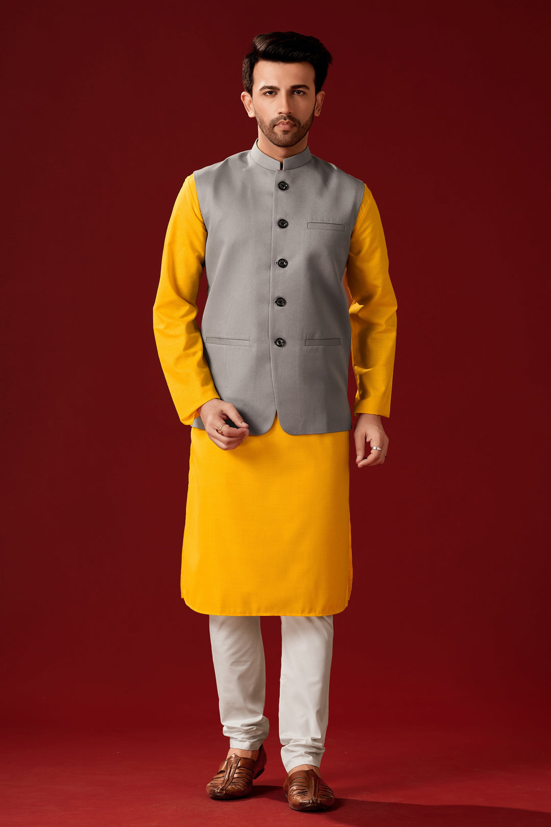 Traditional Mustard Yellow Cotton Kurta Pajama | Designer Waist Koti Set