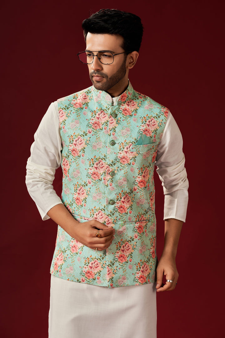 Floral Print White Cotton Kurta Pajama with Koti | Men's Festive Wear