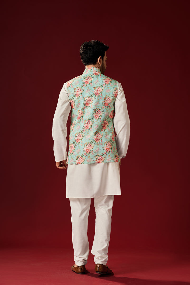 Floral Print White Cotton Kurta Pajama with Koti | Men's Festive Wear