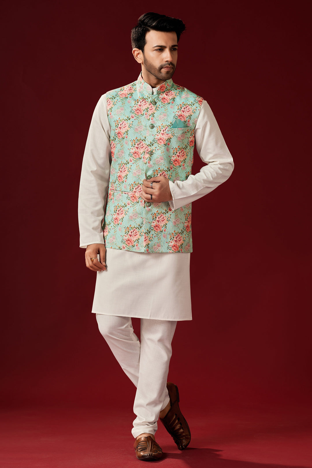 Floral Print White Cotton Kurta Pajama with Koti | Men's Festive Wear