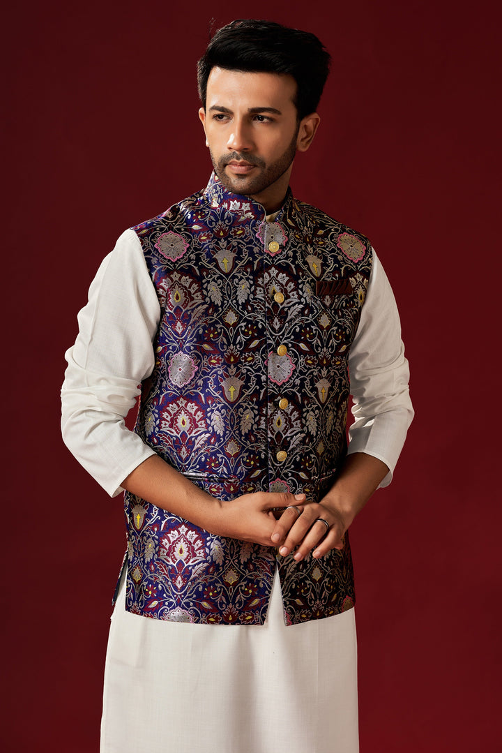 Off-White Cotton Kurta Pajama with Purple Designer Koti | Men's Festive Wear