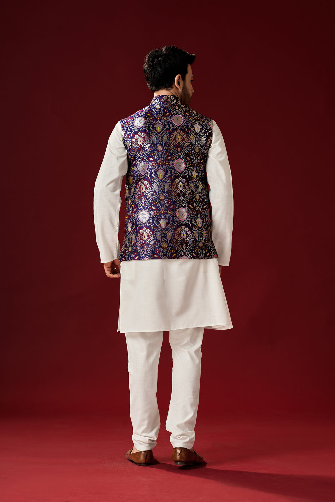 Off-White Cotton Kurta Pajama with Purple Designer Koti | Men's Festive Wear