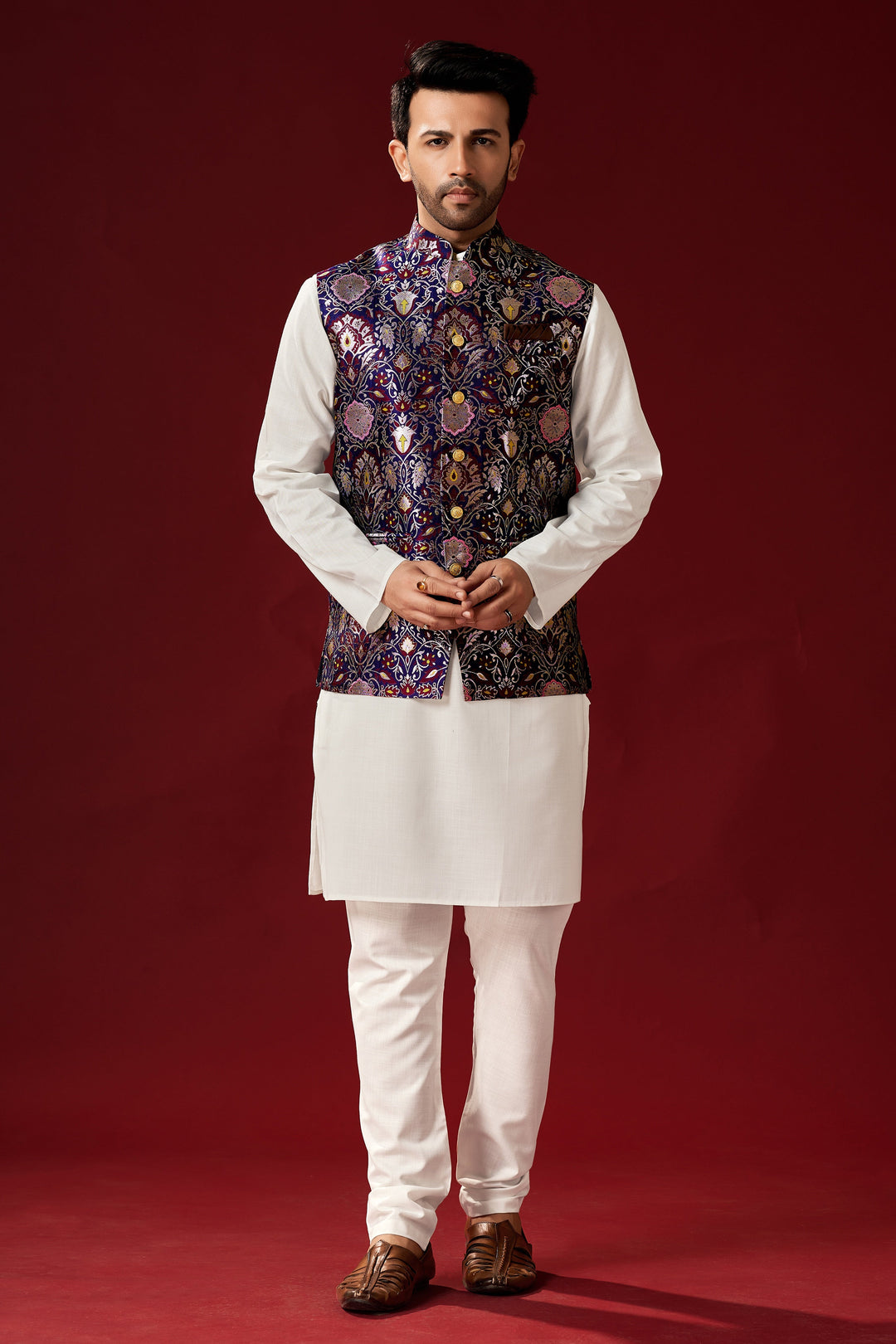 Off-White Cotton Kurta Pajama with Purple Designer Koti | Men's Festive Wear