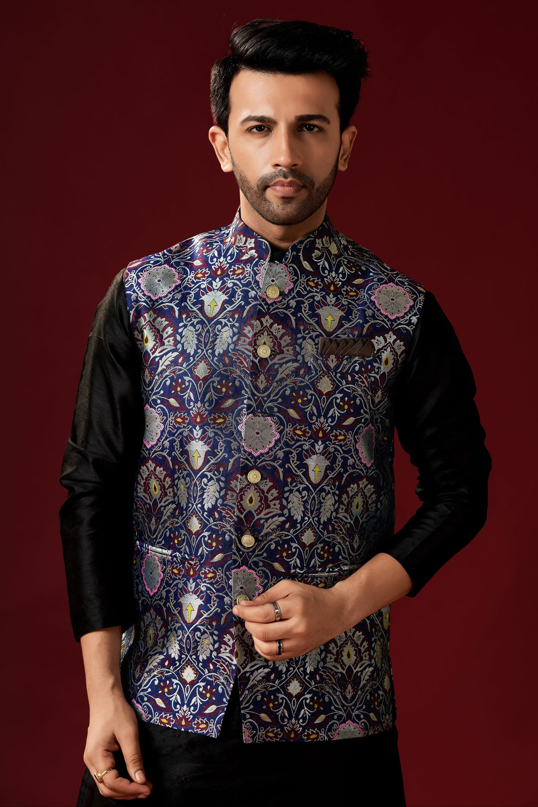 Men's Black Silk Kurta Pajama Set with Purple Koti | Designer Printed Attire