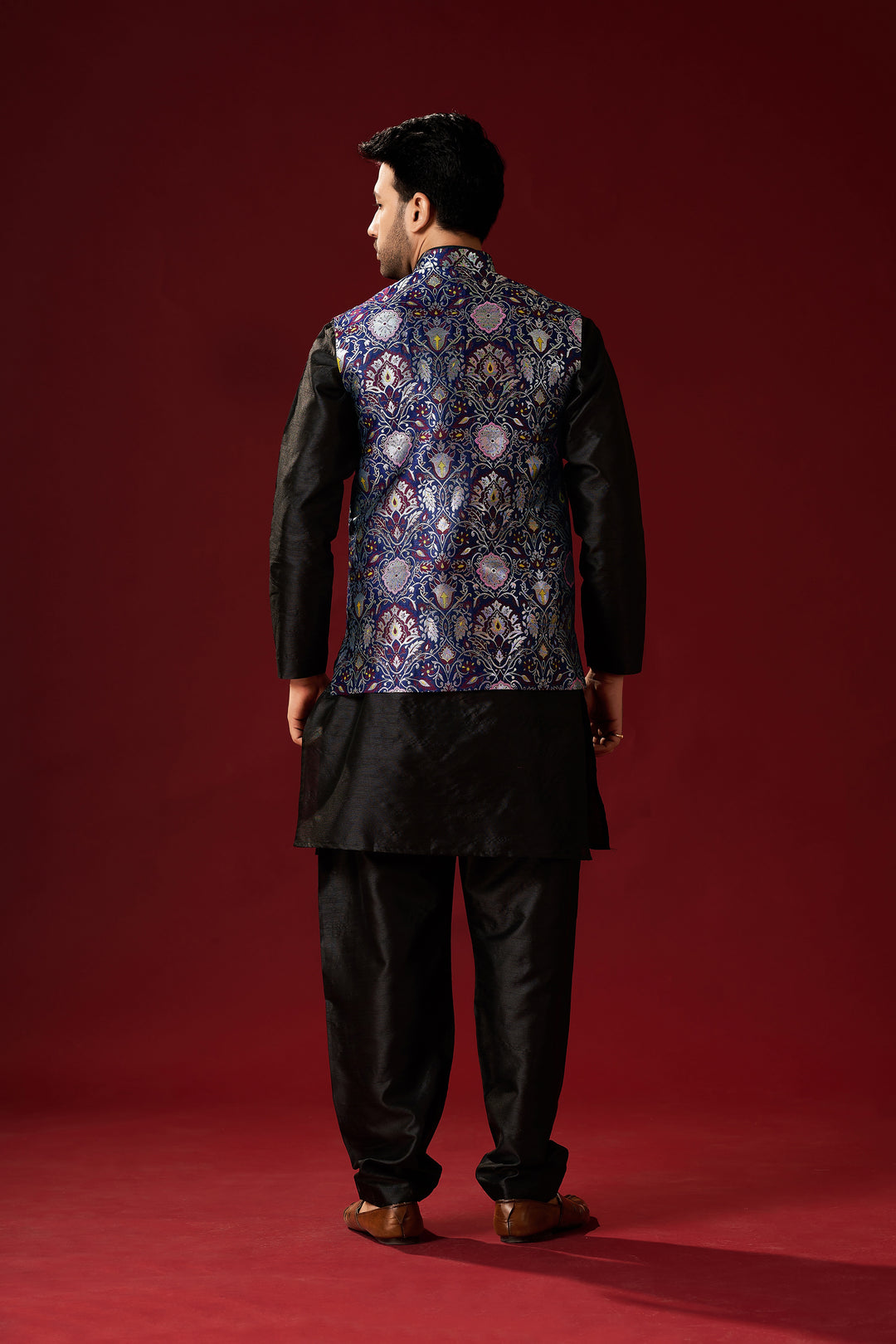 Men's Black Silk Kurta Pajama Set with Purple Koti | Designer Printed Attire