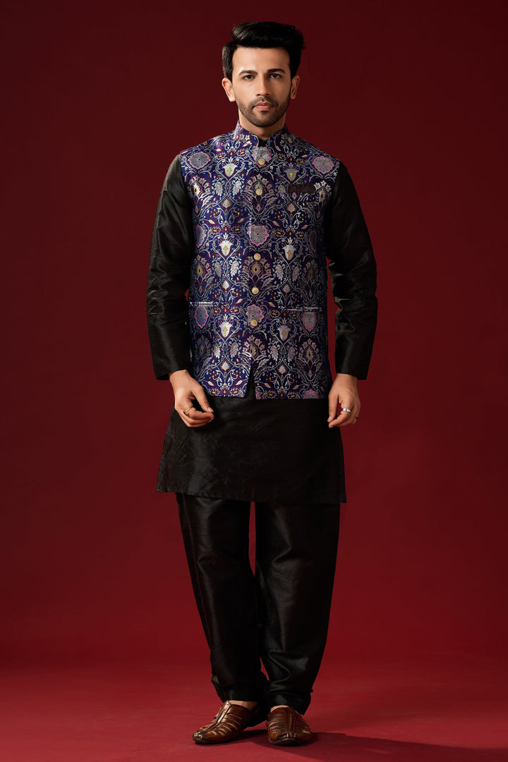 Men's Black Silk Kurta Pajama Set with Purple Koti | Designer Printed Attire