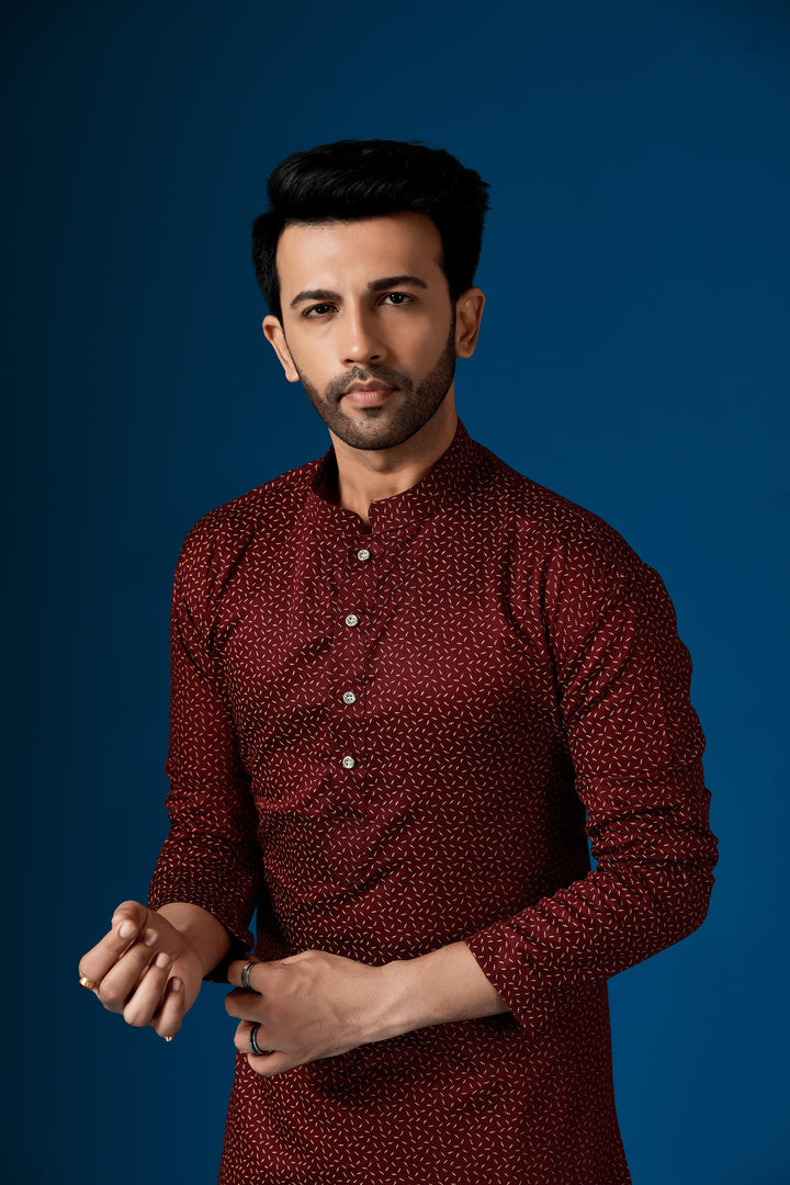 Maroon Cotton Kurta Pajama Set | Designer Printed Festive Wear