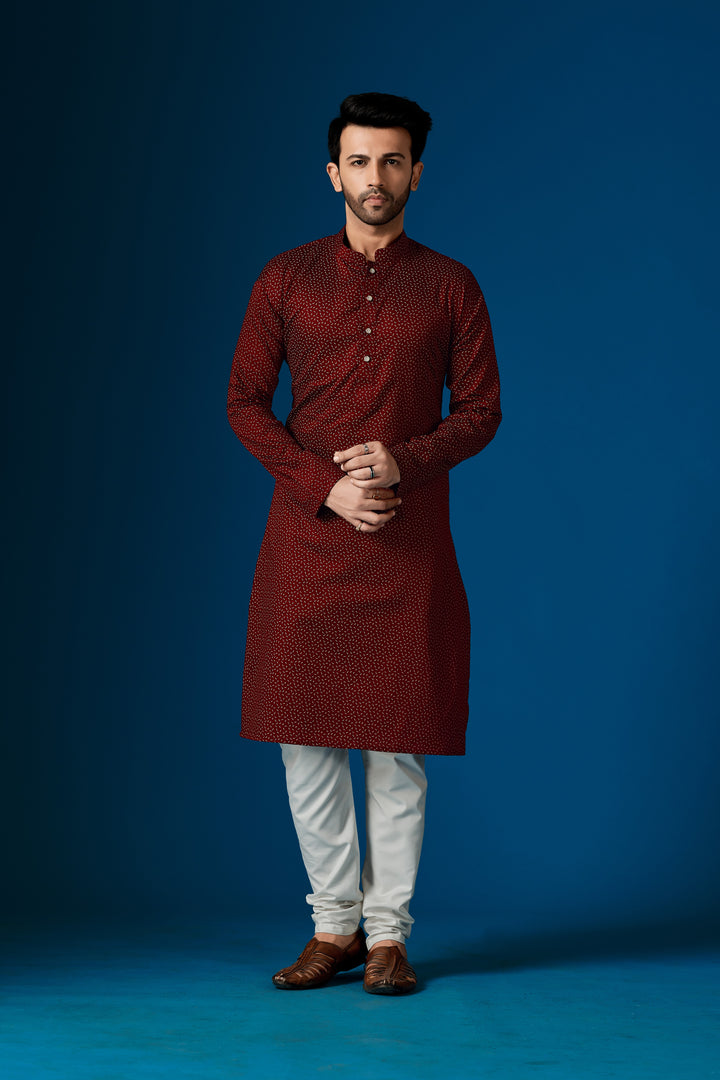 Maroon Cotton Kurta Pajama Set | Designer Printed Festive Wear