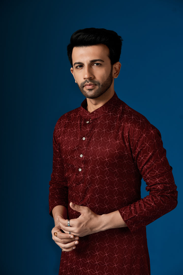 Men's Maroon Kurta Pajama Set | Traditional Cotton Designer Set