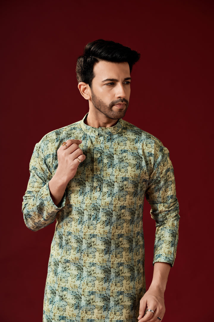 Pista Green Cotton Kurta Pajama Set | Designer Printed Traditional Wear