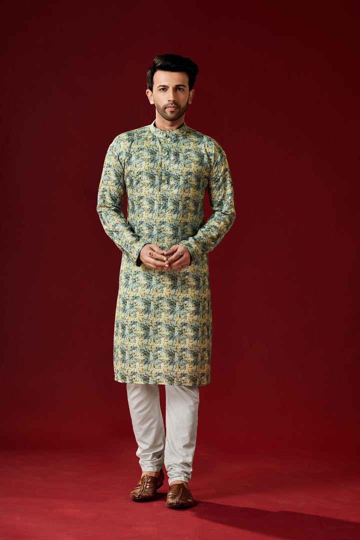 Pista Green Cotton Kurta Pajama Set | Designer Printed Traditional Wear