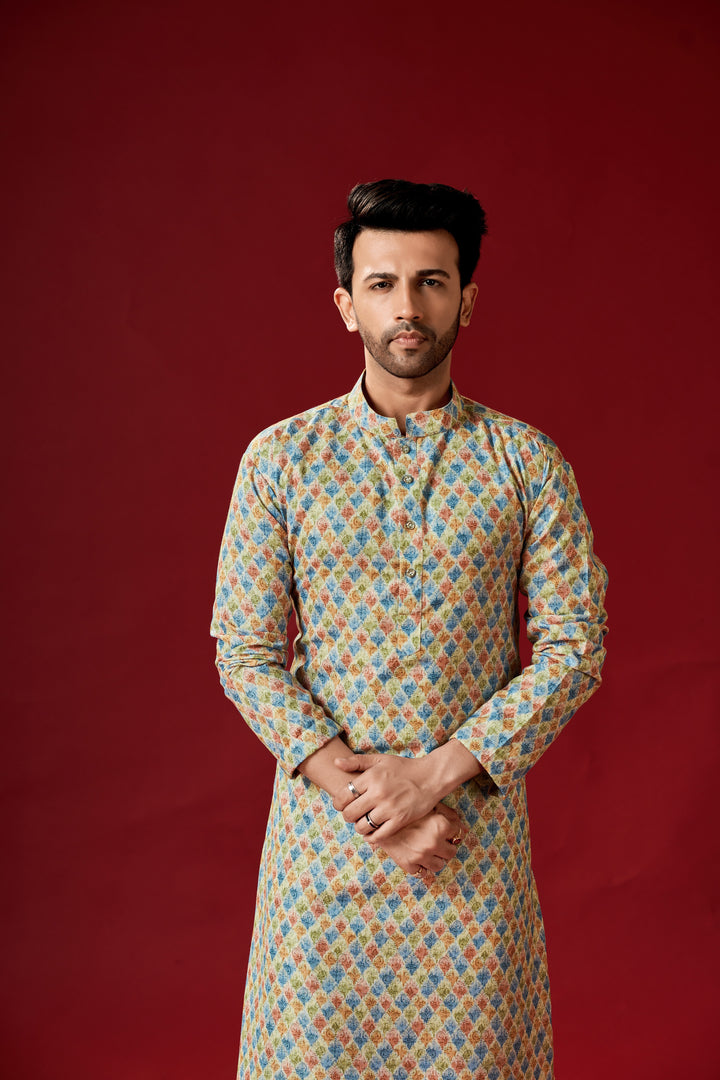 Stylish Multi-Color Kurta | Off-White Cotton Pajama Men's Fashion