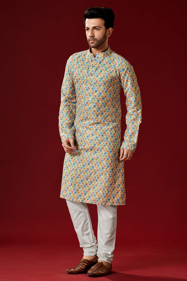 Stylish Multi-Color Kurta | Off-White Cotton Pajama Men's Fashion