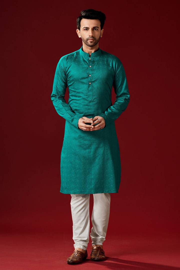 Teal Green Cotton Printed Kurta Pajama Set | Designer Men’s Festive Wear