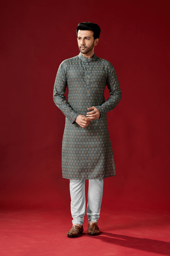 Designer Grey and Off-White Kurta Pajama Set | Festive Cotton Outfit