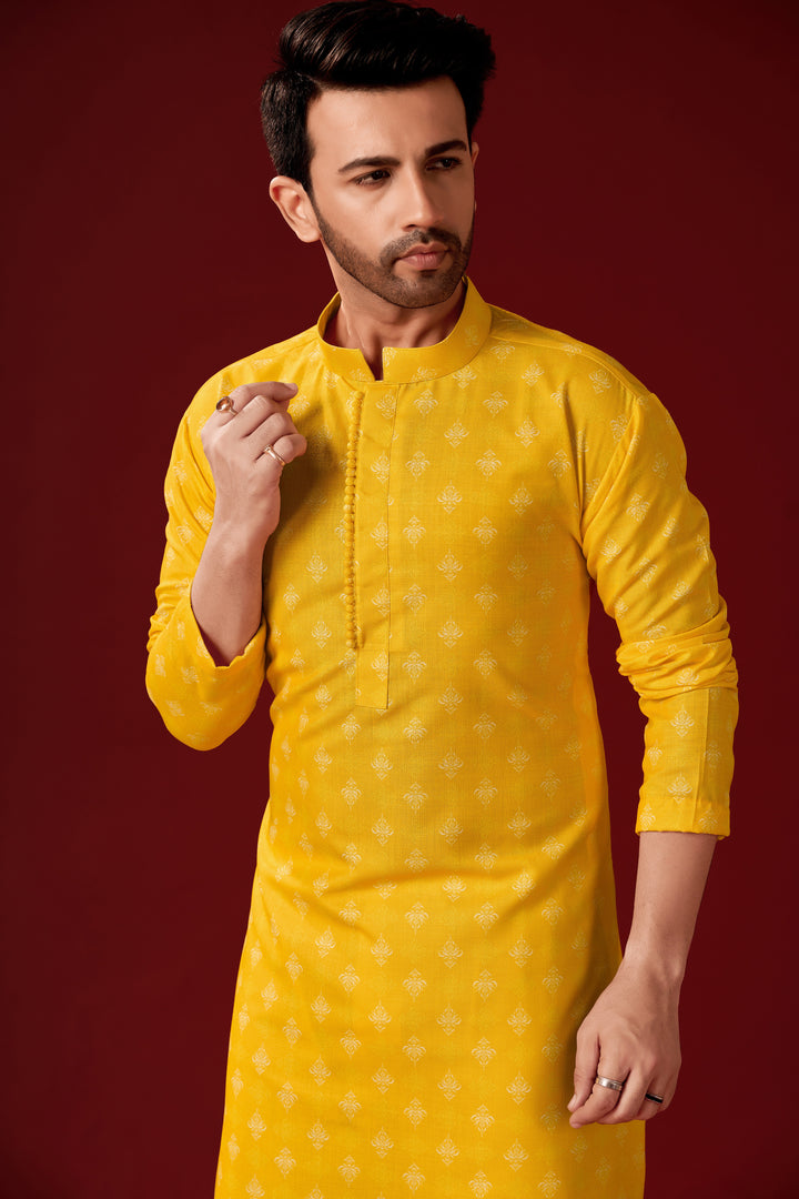 Yellow Kurta with Off-White Pajama | Traditional Cotton Kurta Set