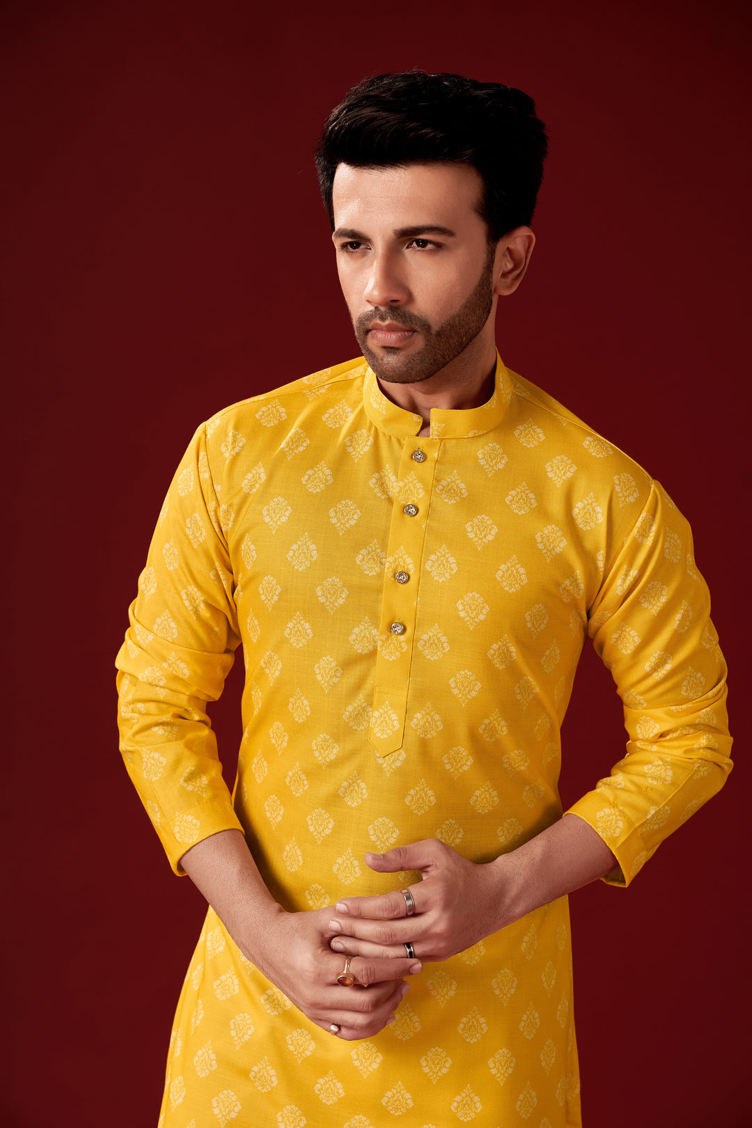 Yellow Cotton Kurta with Off-White Pajama | Designer Printed Set