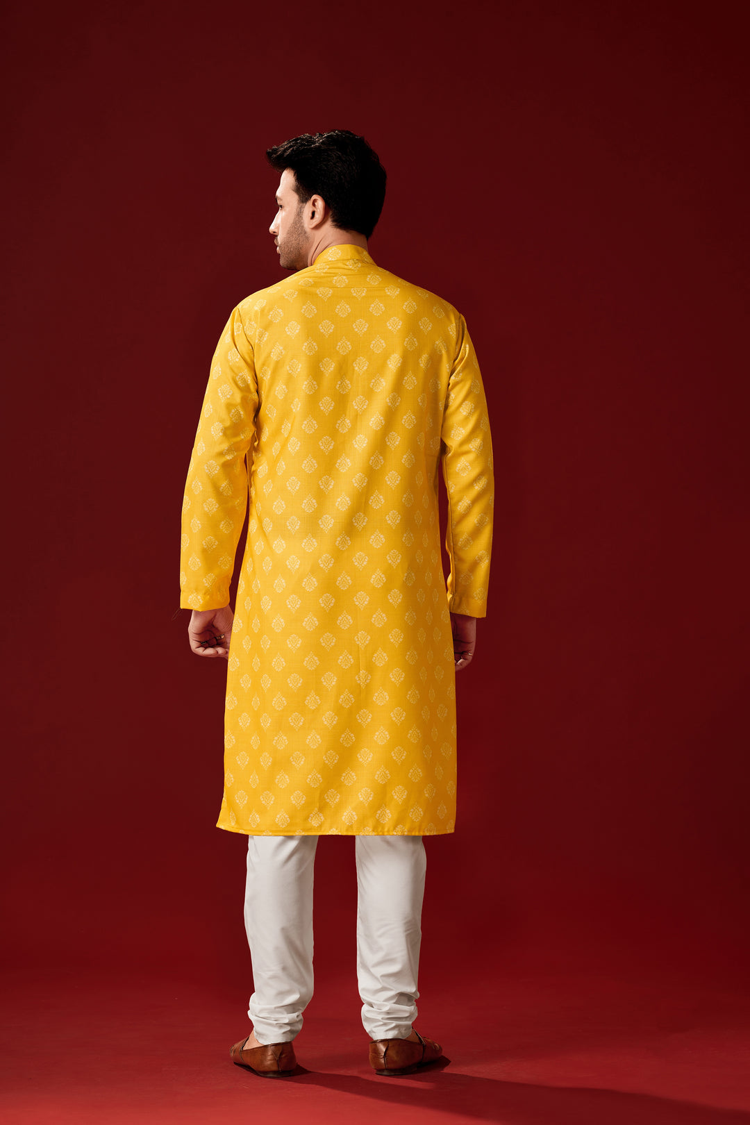 Yellow Cotton Kurta with Off-White Pajama | Designer Printed Set