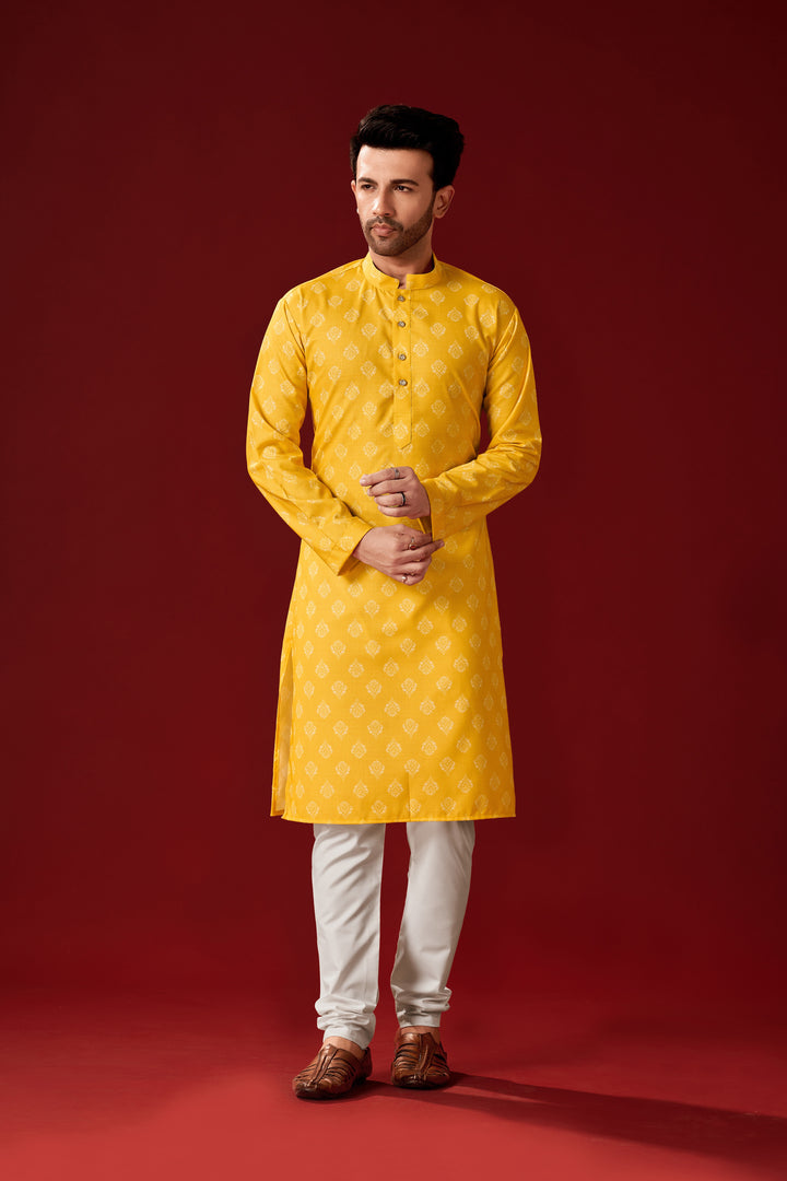 Yellow Cotton Kurta with Off-White Pajama | Designer Printed Set