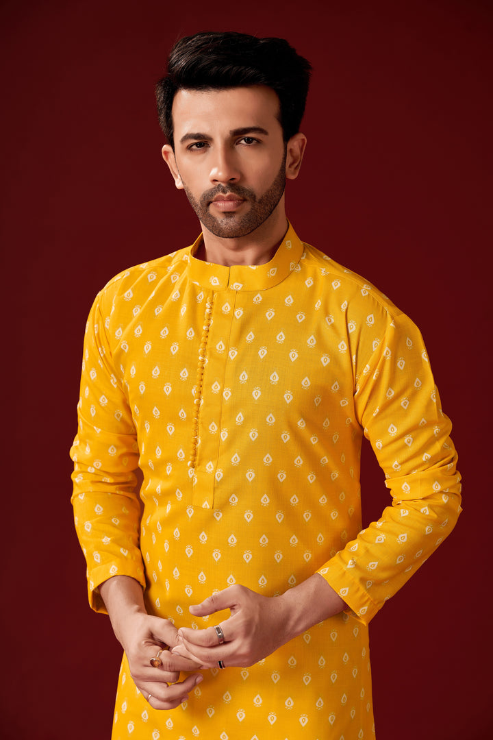 Haldi Yellow Kurta Pajama Set | Cotton Designer Printed Men's Set