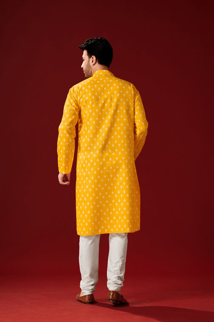 Haldi Yellow Kurta Pajama Set | Cotton Designer Printed Men's Set