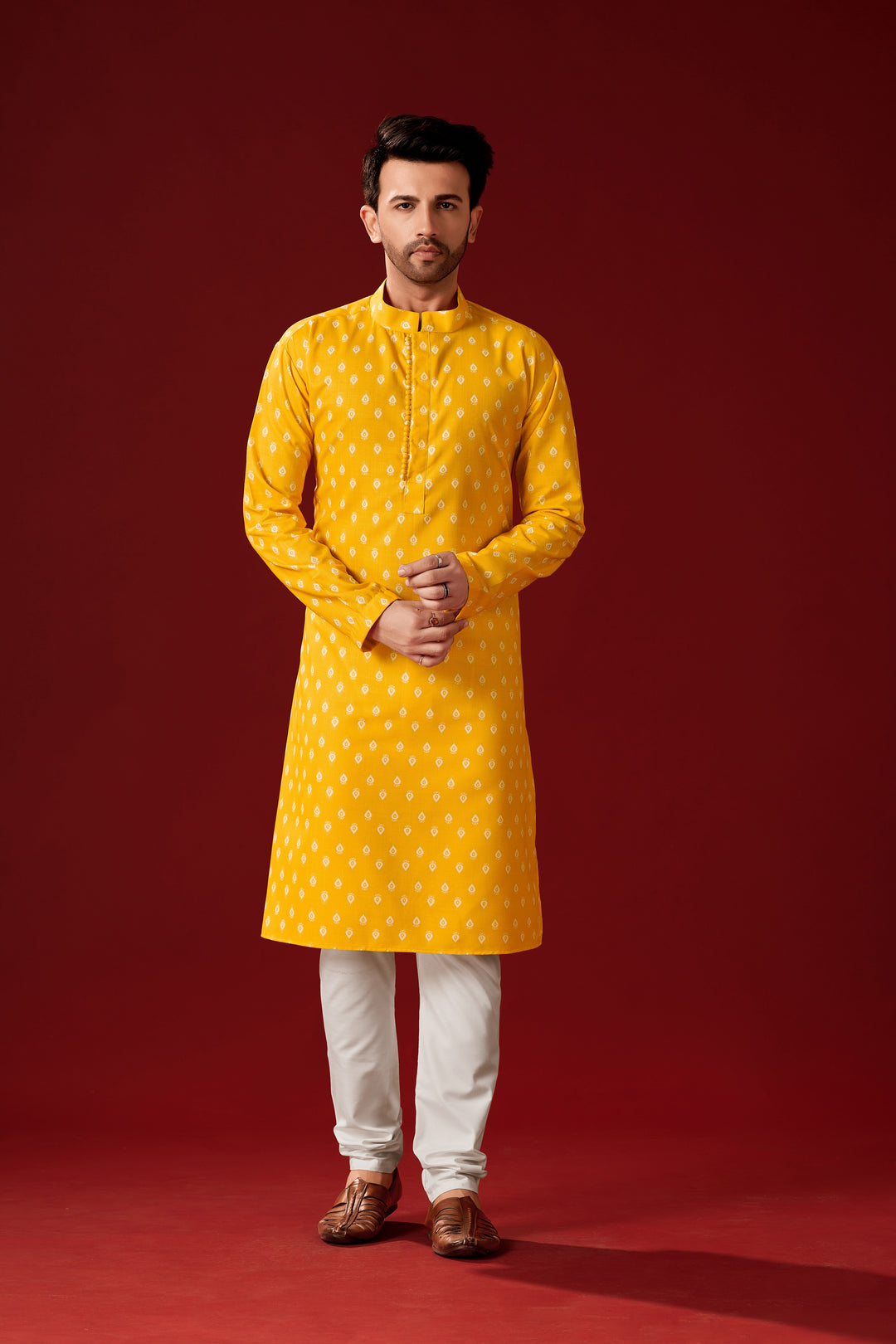 Haldi Yellow Kurta Pajama Set | Cotton Designer Printed Men's Set