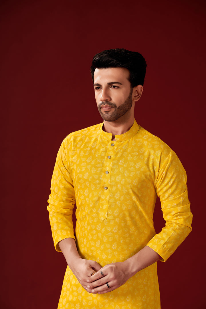 Yellow Designer Printed Kurta Pajama Set | Off-White Cotton Pajama