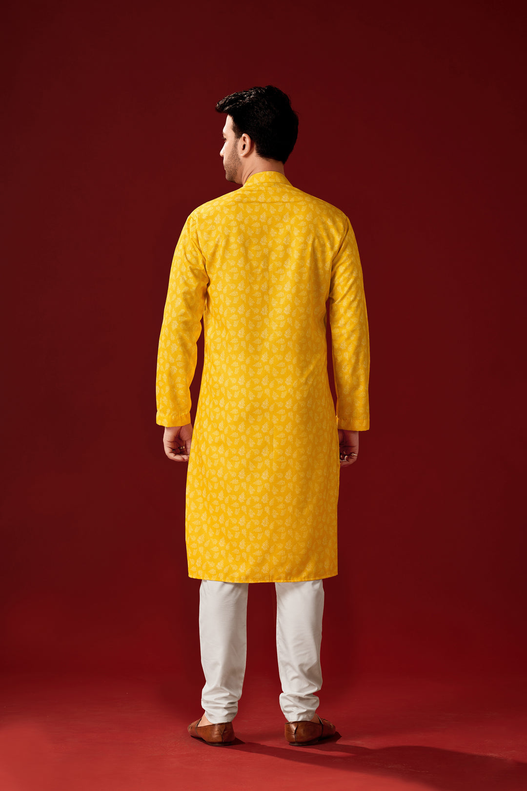 Yellow Designer Printed Kurta Pajama Set | Off-White Cotton Pajama